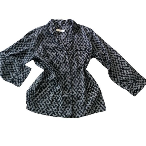 I. Magnin Cotton Button Down Top Sz M Black & White #94B - Picture 2 of 8